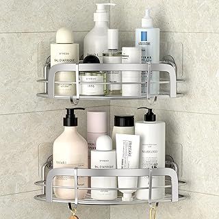 STEUGO 2 Pack Shower Caddy Corner, Bathroom Corner Shelfs, Adhesive Wall Mounted Shower Caddy with 4 Movable Hooks, No Drilling Shower Shelf, Stainless Steel Silver