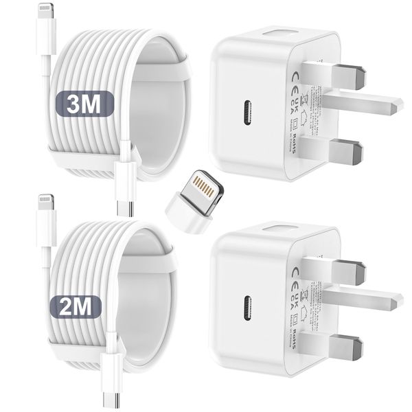 iPhone Charger Fast Charge PD Fast Charging for Apple Charger UK USB C Plug With 2M&3M iPhone Fast Charger Cable [ MFi Certified] Lightning Cable for iPhone 14 13 12 11 Pro Max, iPad (White, 2Packs)