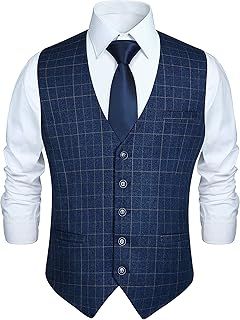HISDERN Men's Formal Waistcoat Wedding Party Cotton Plaid Suit Vest