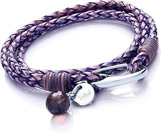 Tribal Steel Leather Bracelet for Women - Ladies Leather Charm Bracelet with a Crystal Charm, Stainless Steel Clasp