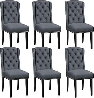 Yaheetech Dining Chairs Set of 6 Upholstered Button Tufted Kitchen Dining Room Chairs with Solid Wooden Legs for Home, Deep Grey