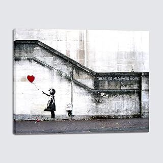Canvas Prints Wall Art of Banksy Grafitti Girl with Red Balloon Grey Love Pictures Paintings for Living Room Bedroom Home Decorations Modern Stretched and Framed Giclee Artwork