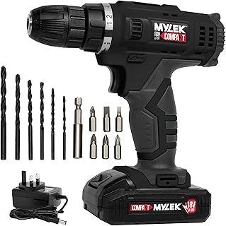 MYLEK MYW09 18V Cordless Drill Electric Screwdriver Set, Powerful Lithium Ion Battery Pack, 18 Volts Combi Driver, DIY Accessory Kit, Black