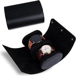 RoYiio 2 Slots Cylindrical Watch Roll Travel Box Vintage Watch Case for Men and Women - Black Upgrade Version Watch Box
