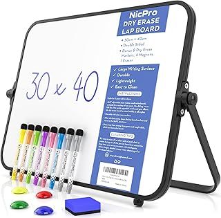 Nicpro Dry Erase Small Whiteboard A3 with Non-Slip Stand, 30 x 40 cm Double Sided Magnetic Desktop White Board with 8 Pens, Eraser, Magnet, Portable Writing Easel for Kid Drawing Student Classroom Use