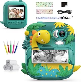 Kids Camera Instant Print, CAMCLID 2.4 Inch Screen Camera for Kids Dinosaur Children Digital Camera with 32GB Card & 3 Rolls Paper, Christmas Birthday Gift Toys for Boys Girls 3-12 Age (Green)