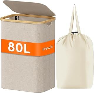 Lifewit 80L Laundry Basket with Lid, Clothes Hampers for Laundry with Bamboo Handles and Removable Laundry Bags, Large Foldable Laundry Hamper for Bedroom, Bathroom, Dorm,Laudry Room, Beige