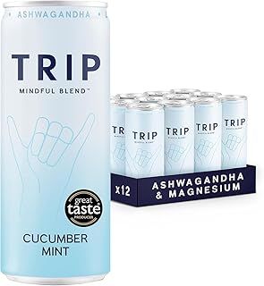 TRIP Mindful Blends - Cucumber Mint Sparkling drink with Magnesium Citrate + Ashwagandha + Lion’s Mane + L-theanine. Low Calorie and Vegan (Pack of 12 x 250ml) - Packaging Might Vary