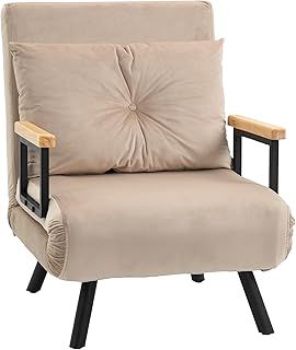 HOMCOM Single Chair Bed, Click Clack Convertible Bed Settee, Modern Velvet Feel Fabric Chair Couch with 1 Tufted Cushion, Wood Armrests, for Living Room, Bedroom, Guest Room, Beige