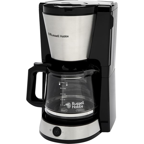 Russell Hobbs Coffee Machine (Filter Coffee Maker, 1.25L Glass Jug, 10 cups, 40 min Keep Warm, Pause and for Feature, Brushed Stainless Steel, Brew Now Button, Blue Illumination) Heaton 27400-56