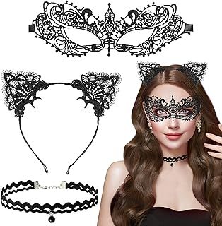 Cat Mask and Cat Ears Headband, 3 Pcs Cat Woman Mask and Ears Black Choker Set Lace Catwoman Eyemask Sexy Masquerade Mask Cat Costume Accessories for Women