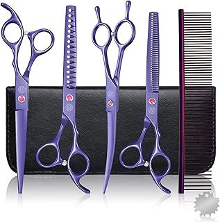 Dog Grooming Scissors Set Professional, 7 Inch Pet Grooming Scissors, 8 in 1 Straight, Curved, Thinning, Fishbone Scissors with Comb, Tension Adjuster, Cleaning Cloth and Storage Case, Purple