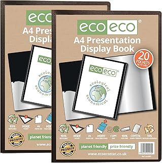 eco-eco A4 Size 50% Recycled Black Presentation Display Book (Pack of 2) - 20 Pocket Storage Case Portfolio Art Folder with Plastic Sleeves for School,Office and Business, Document Organizer,eco003x2