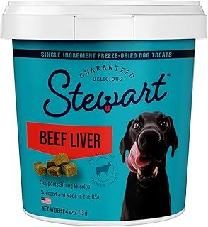 Stewart Single Ingredient Freeze Dried Raw Dog Treats, Beef Liver, 4 Ounce Resealable Tub, Training Treats or Meal Topper Dogs, High Protein, Grain Free, Gluten Free