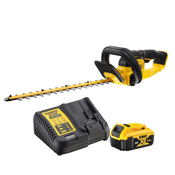 DEWALT - Brushless XR 18V 5Ah Li-Ion Hedge Trimmer - DCMHT563P1-QW - Cordless Electric Hedge Trimmer with Battery and Charger - Blade 55cm - Teeth Spacing 25mm - Cutting 75min/Load - 3.4kg