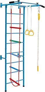 COSTWAY Swedish Ladder Set, Gymnastics Wall Gym with Climbing Frame, Pull-up Bar, Ropes and Rings, Indoor Suspension Trainer Stall Bar for Kids 3+ Years Old