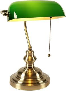 Newrays Green Glass Bankers Desk Lamp with Pull Chain Switch Plug in Fixture,Satin Brass Finish