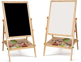 Double Sided Kids 2 in 1 Quality Wooden Art Easel Adjustable Flip-Over Drawing Writing Board Whiteboard Blackboard Chalkboard for Children Fun Play Educational Activity Learning [100cm]
