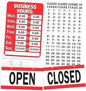 Opening Hours Sign Kit - Bright Red and White Colors - 7.7 x 11.7" - Includes Open & Closed Signage and Number Sticker Set - Ideal Opening Time Sign for Shop Window