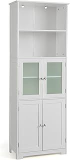 COSTWAY Bathroom Tall Cabinet, Freestanding Storage Cupboard with Tempered Glass Door and Open/Adjustable Shelves, Wooden High Floor Storage Cabinet for Living Room Kitchen Hallway (White)