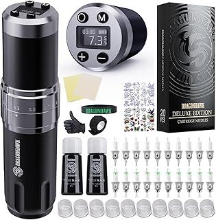 Dragonhawk Wireless Tattoo Gun Kit, Rotary Tattoo Machine Pen with 2 Batteries Power Supply, 20 Count Glide Extra Smooth Needles Cartridges, Adjustable 7 Strokes Length for Beginners