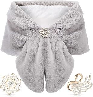 Faux Fur Shawl Wrap Stole Shrug Winter Bridal Wedding Scarf Wrap with Faux Pearl Rhinestone Brooches for Women 1920s