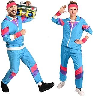 80s Height of Fashion Shell Suit Costume, 80s Fancy Dress Men Women with Headband Wristbands, 1980s Disco Fancy Dress, 80s 90s Outfits Fashion Retro Tracksuit for Halloween Carnival Party