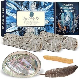 Nutgun Sage Smudge Kit - 3 White Sage Sticks , Palo Santo Stick , Abalone Shell, Smudging Feather & Guide~ Sage Incense Sticks for Cleansing House & Meditation