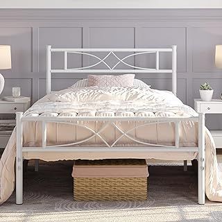 Yaheetech 3ft Single Bed Frames Metal Slatted Bed Platform with Curved Design Headboard and Footboard, Under-bed Storage, No Box Spring Needed, 12 Built-in Steel Slats, White
