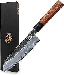 MITSUMOTO SAKARI Professional Japanese Knife, 7 inch Hand Forged Santoku Kitchen Knives, High Carbon Stainless Steel Chef Cooking Knife (Rosewood Handle & Sandalwood Box)