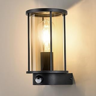 BRIMMEL Outdoor Wall Lights with Motion Sensor Waterproof Anti-Rust Wall Lamp Aluminium Black Garden Wall Sconce Mains Powered E27 Base Glass Outside Lantern for Patio Garage Porch, Bulb not Included
