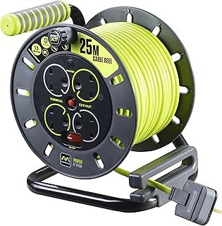 Masterplug Pro-XT Four Socket Open Cable Reel Extension Lead with Winding Handle, Thermal Cut Out and Power Switch, 25 Metres High Visibility Cable , Green