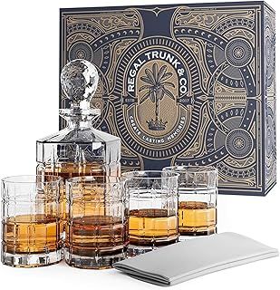 Imperial Whiskey Decanter Set - Regal Trunk Whiskey Glass Set of 4 with Crystal Glass Decanter - Stylish Lead-Free Bourbon Scotch Liquor Dispenser and 4 Rocks Glasses - Glass Polishing Cloth