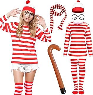 Suffolly Red and White Striped T Shirt Set for Adult 5PCS Wally Costume Hat T-shirt Cane Scarf Glasses Costume Set 90s 80s Fancy Dress Halloween Costumes for Men Women