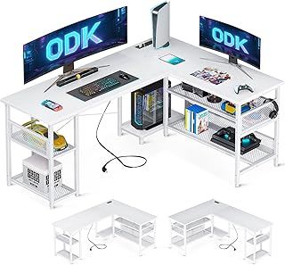 ODK L Shaped Gaming Desk, Reversible Computer desk with 2 Sockets and 2 USB Charging Ports, Corner Desk with Storage for Home Office, White, 150 x 102 cm