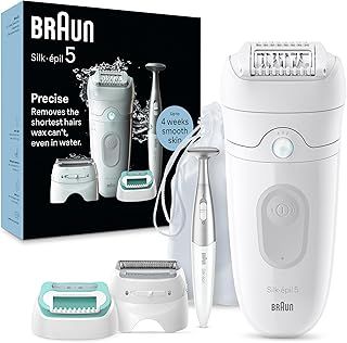 Braun Silk-épil 5, Epilator for Easy Hair Removal, Wet & Dry, Lasting Smooth Skin, with Lady Shaver, Trimmer Comb, Beginner Cap Heads & Bikini Trimmer, 5-251, White/Grey