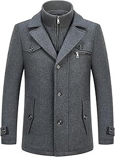 KUDORO Mens Wool Coats Winter Padded Trench Coat for Casual Business Outwear Thick Wool Blend Peacoat with Removable Inner Collar