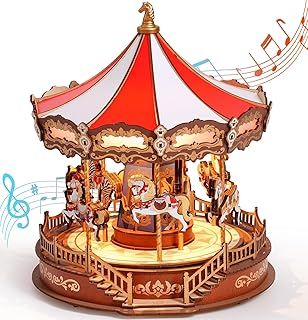 ROBOTIME 3D Wooden Puzzle Classic Carousel Music Box With LED Lights, Model Kits for Adults to Build, Gear Model Building Construction Craft Kits, Gift for Adults and Teens