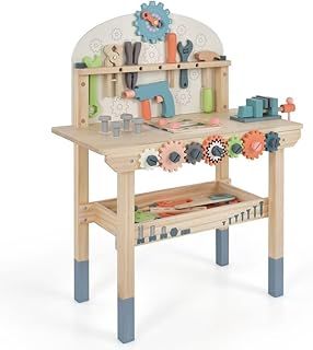 COSTWAY Wooden Kids Workbench, Children's Tool Bench with Tools Set, Realistic Accessories, Magnetic Rack & Storage Shelf, Toddlers Construction Pretend Role Play Toy Set for 3+