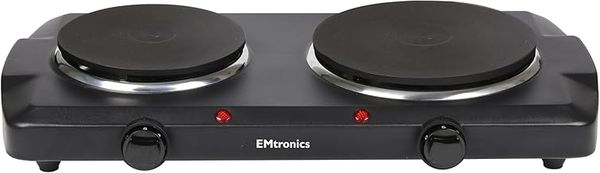 EMtronics 2500W Portable Hob with Double Hotplates and Thermostat Control, Mini Hot Plate Hob Stove, Adjustable Temperature, 155mm and 185mm Dual System - Black