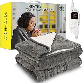 MONHOUSE Heated Throw - Electric Blanket - Digital Controller - Timer up to 9 hours, 9 Heat Settings, Auto Shutoff - Machine Washable - Single 130X160cm -GREY SHEARLING
