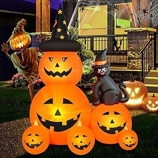 HOPOCO 6 FT Halloween Inflatable Decorations Creepy Ghost Pumpkin Illuminated and Witch Cat, Halloween Decorations Outdoor Inflatable Pumpkin Combo with Built-in LED Inflatable Inflatable for Garden