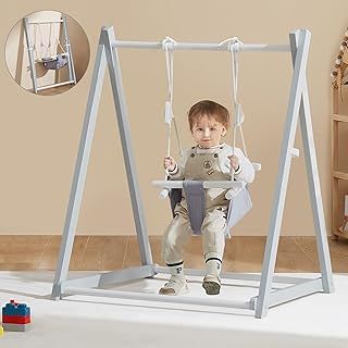 FUNLIO Wooden Swing Set for Toddlers 6-36 Months, Foldable Baby Swing Set with Durable Pine, Portable Toddler Swing with 4 Sandbags & Extension Straps, Kid Swing for Indoor/Outdoor/Backyard - Pink