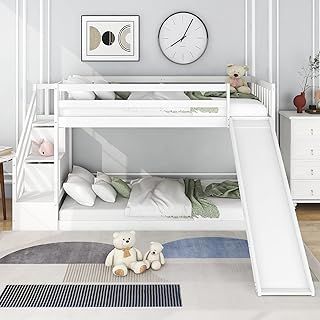 Merax Bunk Beds for Kids, Children's Loft Bed, Single Bed with Storage, Kids Bed with Slide and Stairs, White Double Bunk Beds, Solid Pine Wood Bed Frame with 2 Drawers in Steps, 90x190cm