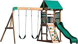 Backyard Discovery Buckley Hill Wooden Swing Set | Outdoor Playhouse for Kids, Garden Playground for Children, 2 Belt Swings, Climbing Frame, 6 Foot Slide, 100% Cedar Wood | For 3-6 Year Olds