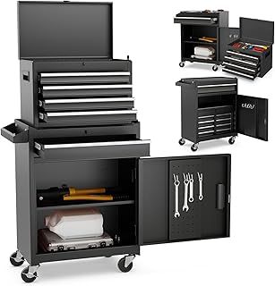 COSTWAY Large Rolling Tool Cabinet, 2-in-1 Detachable Metal Tool Chest with Drawers, Wheel, Handle, Hooks & Pegboard, Lockable Tool Box Trolley for Garage Workshop (with Adjustable Shelf, Black)