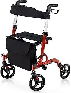 Rollator Walkers, 4 Wheels Folding Medical Walking Aid with Seats, Adjustable Handle and Storage Bag, Lightweight Walking Frame for The Elderly & Disabled (Red)