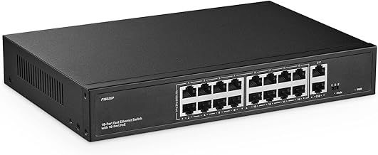 16 Port PoE Switch, 10/100Mbps PoE+ Ports, 2 Gigabit Ethernet Uplink, IEEE802.3af/at, Max 200W, VLAN & PoE Extend 250m, RackMount Fanless Unmanaged Ethernet Switch