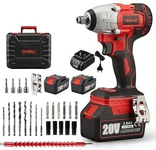 TEENO 20V Brushless Lithium-Ion Impact Wrench,2×3.0Ah Batteries, Charger, 3pcs Sockets, 1/2 Inch, 320NM