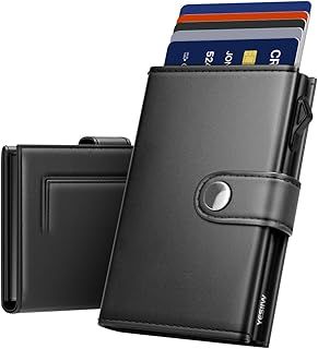 YESIIW Card Holder Mens Wallet RFID Blocking Leather Minimalist Smart Pop Up Wallet with Magnetic Coin Pocket, Trifold Credit Card Holders Wallet, Button Closure, Holds Up to 9 Cards, 2 ID Window